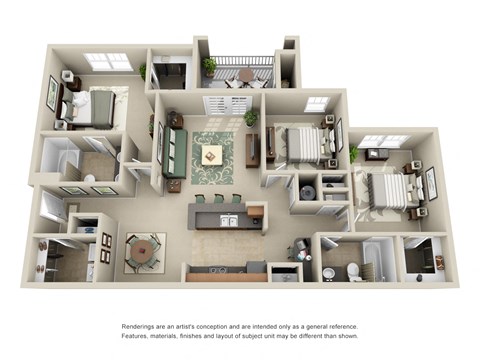 Floor plan for 3 beds, 2 baths, 1277 sqft